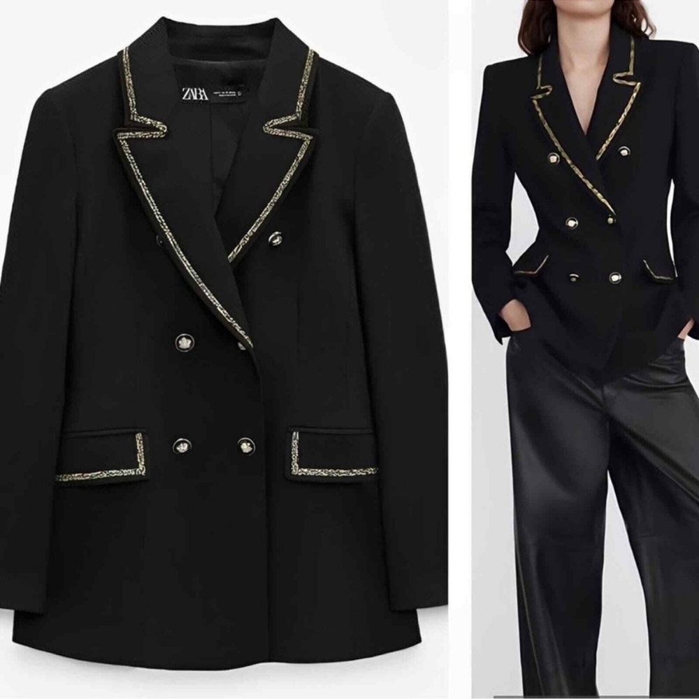 Zara Chanel-like Black Blazer with Gold Thread and Buttons